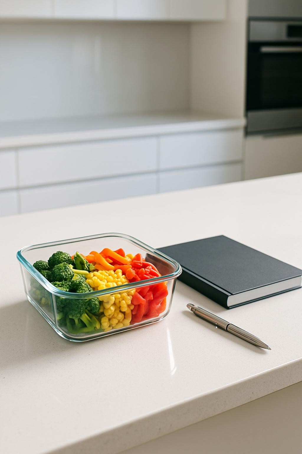 A modern, structured kitchen countertop in white quartz, displaying a clear glass storage container filled with vibrantly colored meal-prepped vegetables, positioned next to a matte charcoal-colored notebook and a closed metallic pen. The background is a minimalist kitchen with sleek, handleless cabinets and a subtle hint of a stainless steel appliance. Diffused natural morning light creates bright, even illumination with soft reflections on the countertop, enhancing clean lines and order. The image feels energetic yet controlled, reinforcing a sense of purposeful multitasking. It is shot from a slightly elevated angle, focusing sharply across the scene, upholding a corporate, photographic style that echoes the daily preparation and time management integral to career-focused motherhood.
